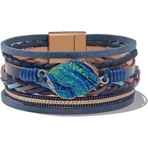 🔥 Fancy Shiny Leather Bangle Bracelets Women Blue Boho Resin Stone Wrap Jewelry